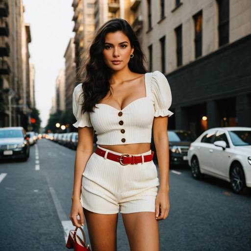Woman in Ivory Crop Top and Beige Shorts on City Street