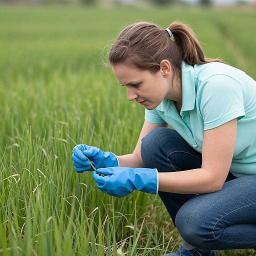 Woman Collecting Grass Samples in Field