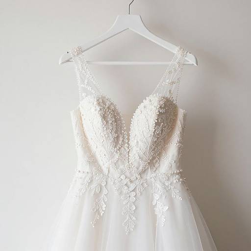 Photograph of a white, sleeveless wedding dress with intricate, sparkling silver floral appliqués on the bodice, hanging on a white hanger