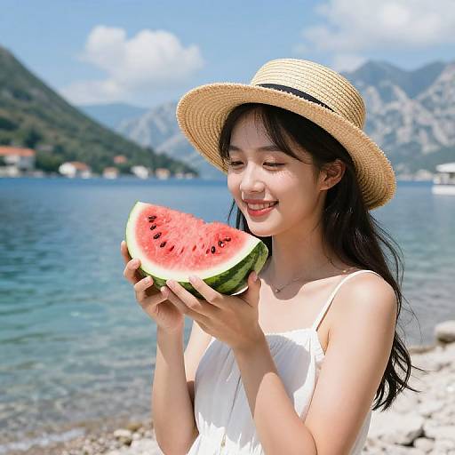Asian woman with long black hair, wearing a white dress and straw hat, smiles while holding a slice of watermelon by a lakeside with mountains in