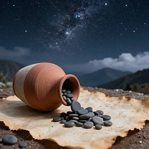 Photograph of a clay pot spilling black stones onto a parchment, under a starry night sky with the Milky Way.