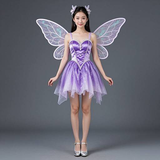 Photograph of an Asian woman with long black hair, wearing a lavender fairy dress, white translucent wings, silver shoes, and a crown, standing against