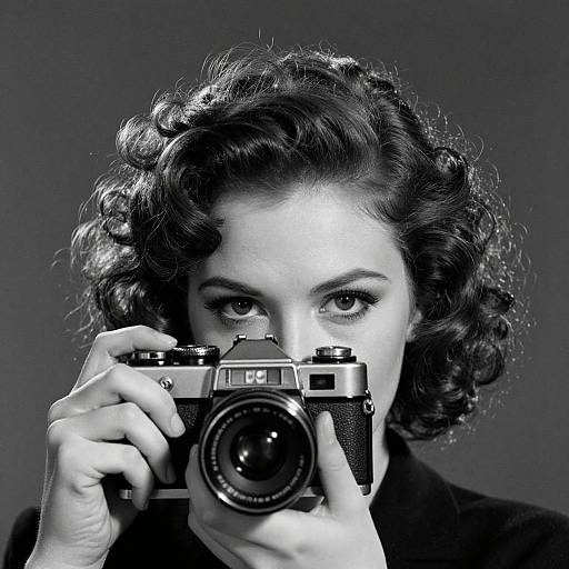 Black and white photograph of a curly-haired woman with intense eyes, holding a vintage camera close to her face.