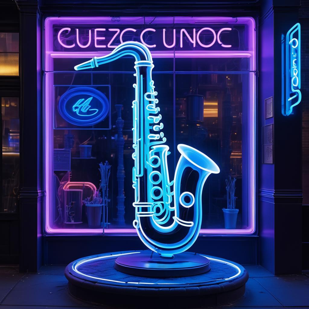 Futuristic Neon Saxophone Statue Artwork