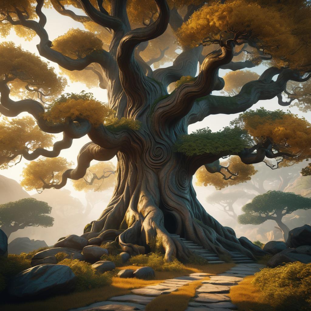 Majestic Ancient Tree in Golden Mist