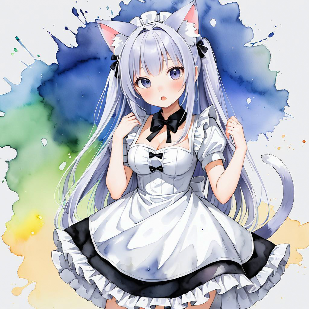 Surprised Catgirl Maid in Watercolor