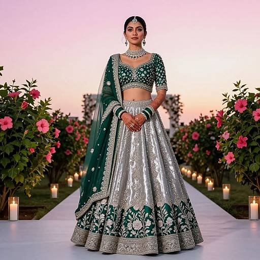 Photograph of a South Asian bride in an elaborate green and silver traditional lehenga, adorned with intricate embroidery and jewelry, standing on a candlelit runway