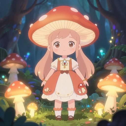 Anime-style digital drawing of a cute girl with long blonde hair, wearing a white dress and red mushroom hat, standing in a glowing forest with large,
