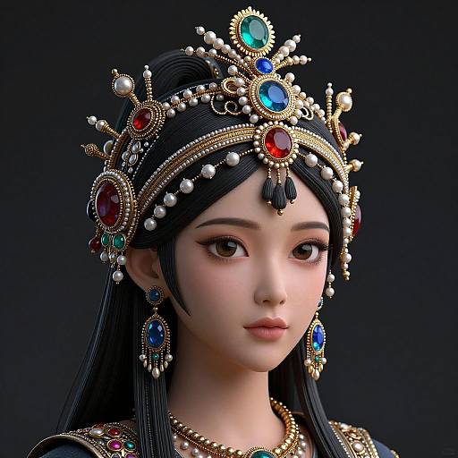 Digital portrait of an Asian woman with long black hair, wearing an elaborate gold and jewel-encrusted headpiece, earrings, and necklace, against