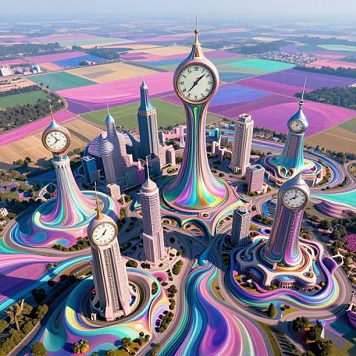 Digital art of a surreal cityscape featuring five tall clock towers with colorful, swirling rainbow trails and vibrant, patchwork fields in the background.