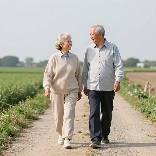 Photograph of an elderly Asian couple, man in light blue shirt and dark pants, woman in beige sweater and white pants, walking hand-in-hand on