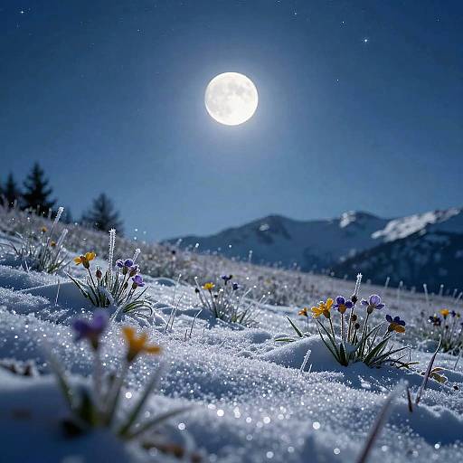 Snowy Alpine Meadow Under Moonlight