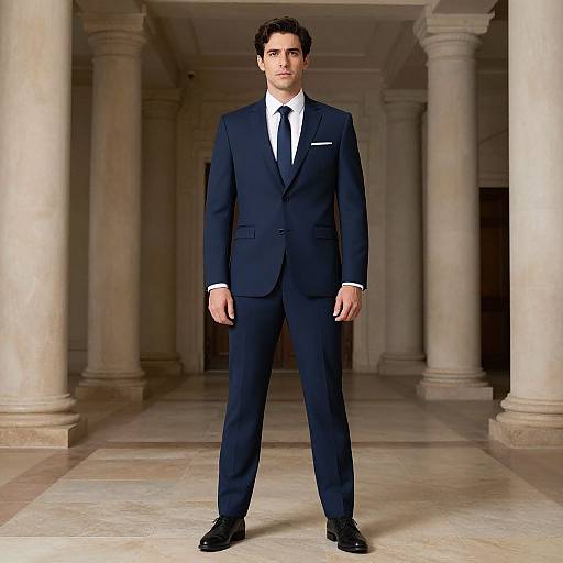 Photograph of a handsome man with dark hair, standing confidently in a grand, columned hall, wearing a navy suit, white shirt, black tie