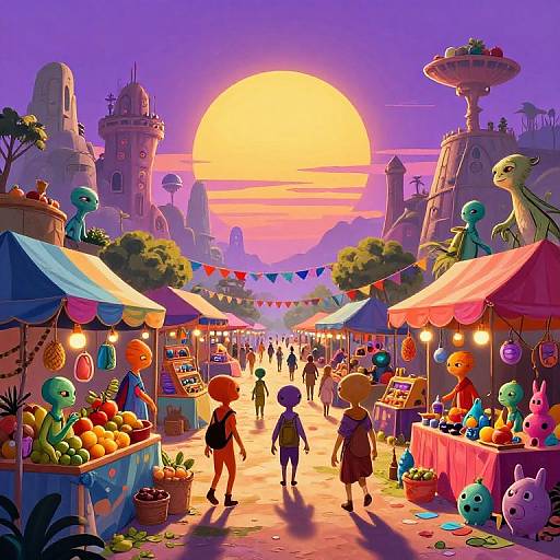 Vibrant digital artwork of a colorful market at sunset, featuring alien-like characters, fruit stalls, and fantasy castle towers under a glowing orange sun.