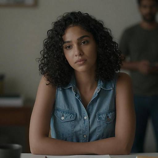 Photograph of a young woman with curly black hair, wearing a sleeveless denim shirt, sitting with arms crossed, looking serious, blurred man in background