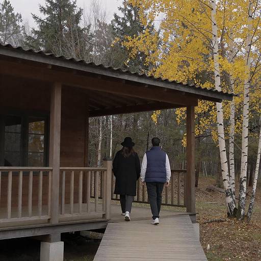 Couple Walking on Rustic Cabin Porch
