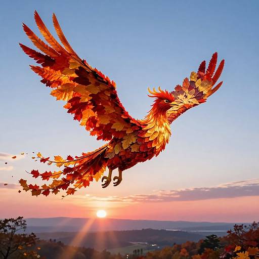 Digital art of a vibrant, leaf-like phoenix soaring against a sunset sky, wings extended, sun rays illuminating, with forest silhouette below.