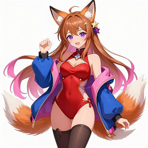 Anime-style digital drawing of a cute fox-girl with long brown hair, purple eyes, red leotard, blue jacket, black thigh-highs,