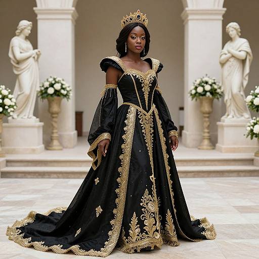 Photograph of a Black queen in an ornate black and gold gown, crown, standing in a grand hall with white statues and floral arrangements.