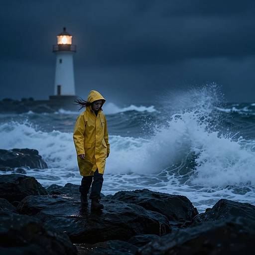 Photograph of a person in a yellow raincoat standing on rocky shore, waves crashing, and a lit lighthouse in the dark, stormy night