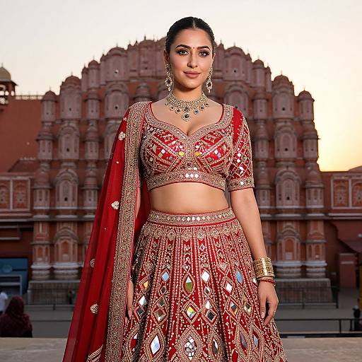 Photograph of a beautiful South Asian woman in an ornate red and gold traditional lehenga-choli, standing in front of a majestic red sandstone