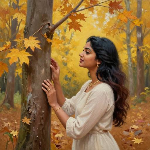 Digital painting of a beautiful Indian woman with long black hair, wearing a white dress, touching a tree in a vibrant autumn forest with golden leaves.