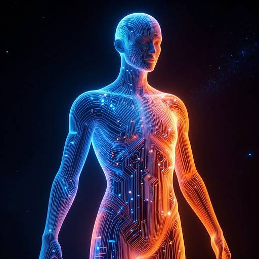 Neon-lit, blue and orange, wireframe human figure with glowing circuit lines, standing against a dark, starry background. Digital CGI artwork
