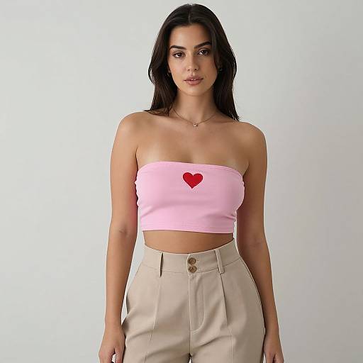 Photograph of a young woman with long dark hair, wearing a pink tube top with a red heart, and high-waisted beige pants, standing