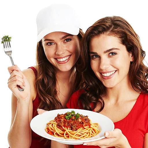 Photograph of two smiling women with long brown hair, wearing white hats, holding pasta with meat sauce and a fork, against a white background.