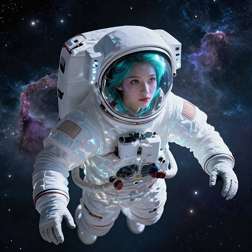 Photograph-style CGI of a blue-haired woman in a white astronaut suit floating in space, with a starry background and nebula.