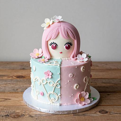 Photograph of a cake featuring a pink-haired, anime-style face with red eyes, surrounded by pink flowers, on a two-toned blue and pink