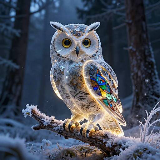 Digital artwork of a glowing, patterned owl with colorful wing feathers perched on a snow-covered branch in a dark, snowy forest.