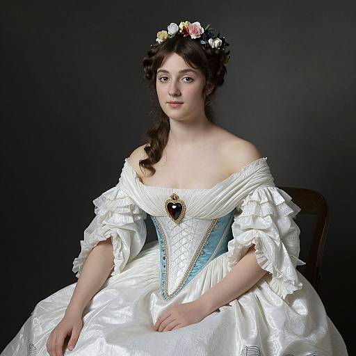 Photograph of a pale-skinned, dark-haired woman in a white, off-shoulder, ruffled dress with a blue corset, black