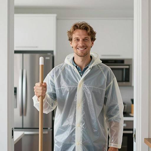Cheerful Man in Raincoat in Modern Kitchen