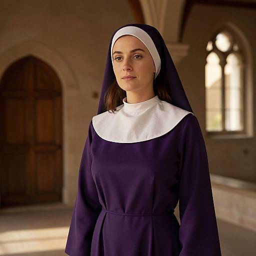Photograph of a young woman with fair skin and brown eyes, wearing a traditional black and white nun's habit, standing in a sunlit, ar