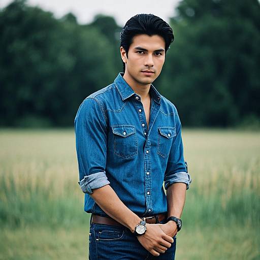 Young man in denim outfit outdoors