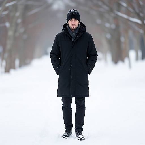 Photograph of a bearded man in a black winter coat, hat, and gloves standing in a snowy, tree-lined path.
