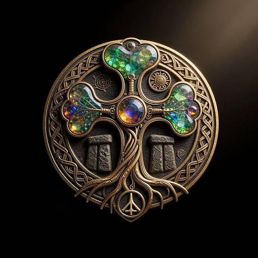 Fanciful, ornate gold pendant with colorful opal gemstones, intricate Celtic knotwork, and small black stone symbols, set against a dark