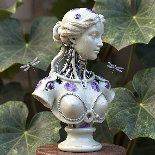 Photograph of a white, cybernetic bust with purple accents, featuring dragonfly-like mechanical wings, set against a backdrop of large green leaves.