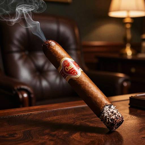 Lit Cigar on Wooden Desk in Elegant Office