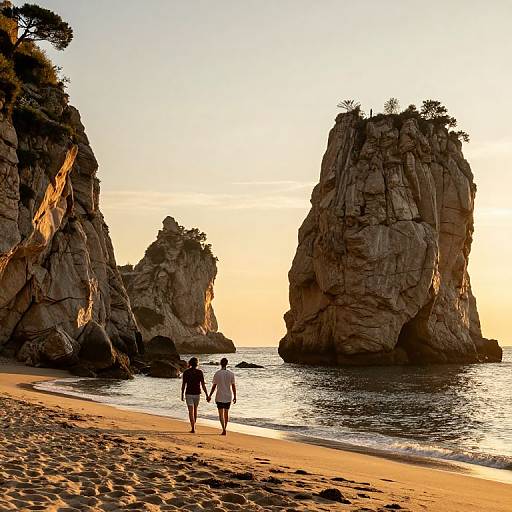 Photograph of a sunset beach with two people walking hand-in-hand along the shore, framed by towering rock formations and golden sand.