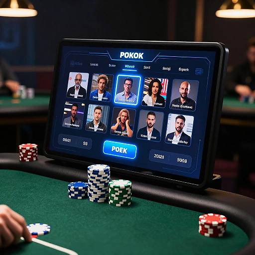 Photograph of a poker table displaying a Pokok screen with six player profiles, surrounded by poker chips and dim lighting.