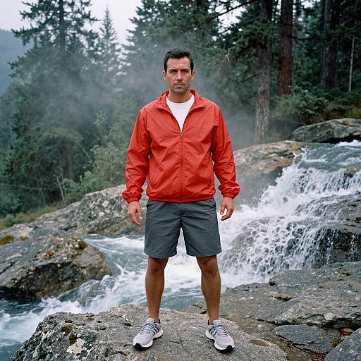 Adventurous Man Amid Waterfalls and Pines