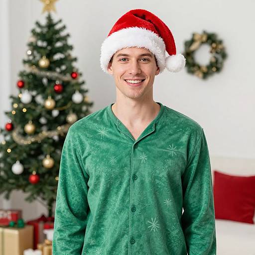Man in Christmas Pajamas with Santa Hat