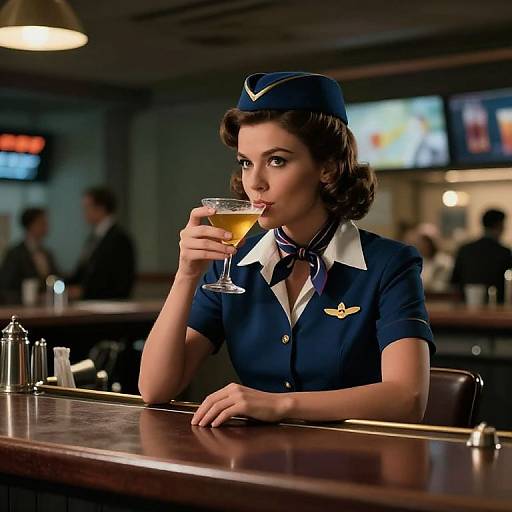 Photograph-style digital artwork of a vintage-styled female flight attendant sipping a cocktail, wearing a navy uniform with white collar, blue hat, and