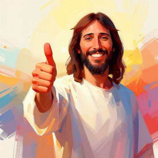Digital painting of a smiling, bearded Jesus with long brown hair, giving a thumbs-up, wearing a white robe, against a vibrant, colorful abstract