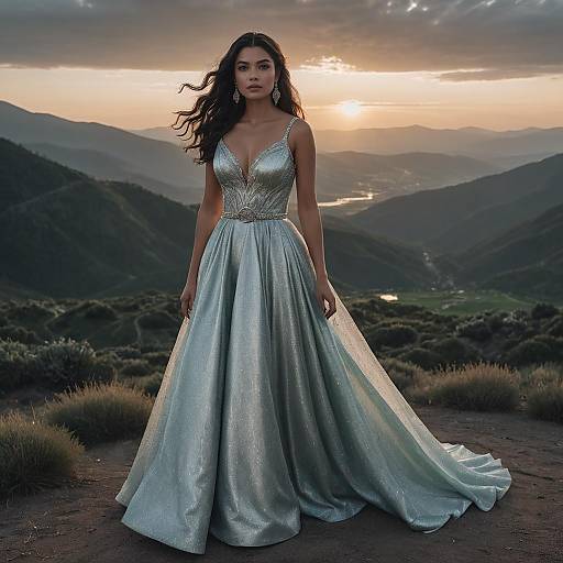 Woman in Iridescent Silver Gown at Sunset