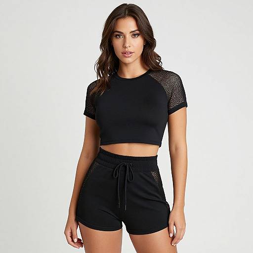 Photograph of a young woman with long dark hair, wearing a black crop top with lace sleeves and black drawstring shorts.