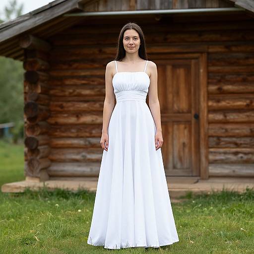 Photograph of a young woman with long black hair, wearing a white sundress, standing in front of a rustic wooden cabin. Green grass and trees