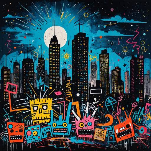 Abstract Cityscape with Neon Graffiti Faces